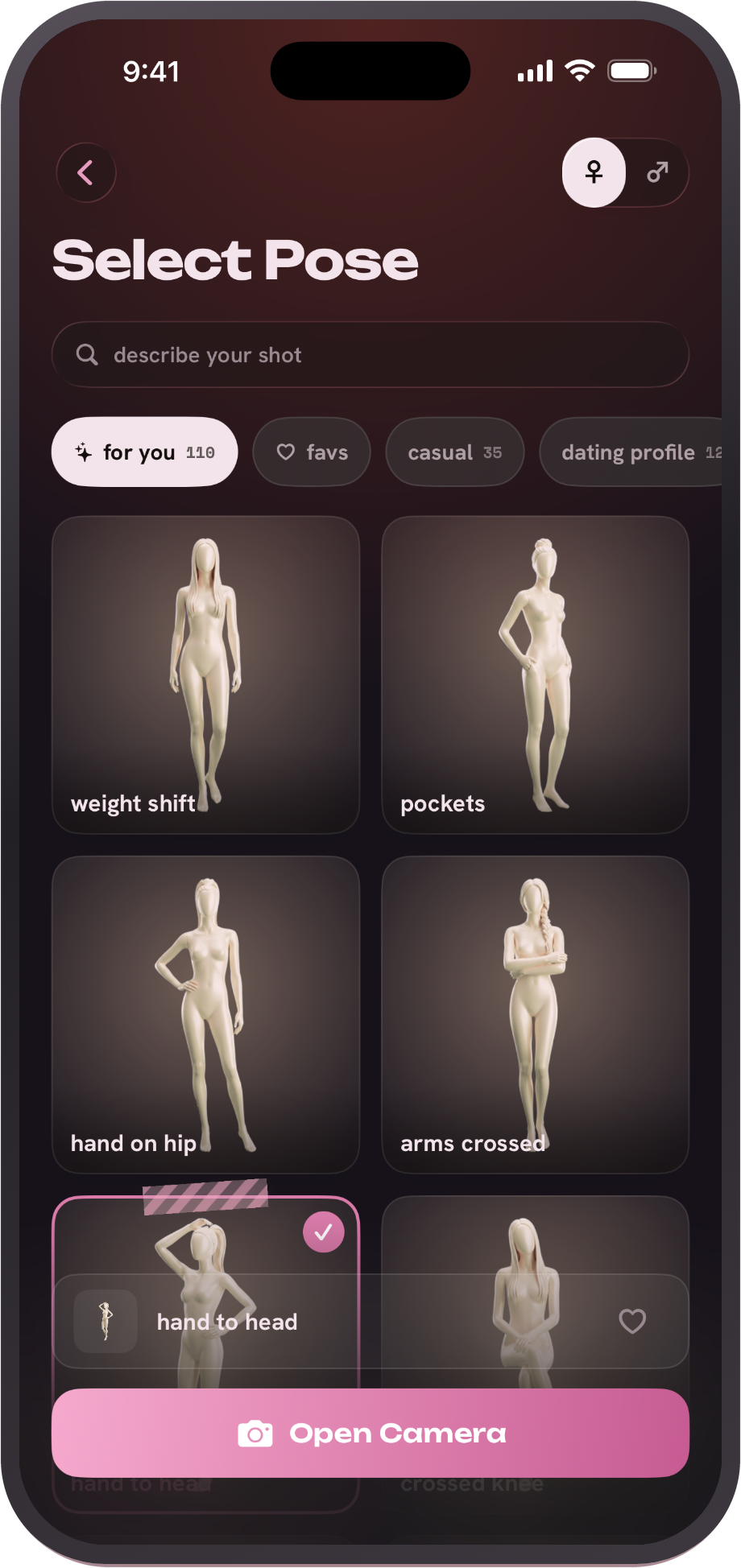 PosePal's pose library on iPhone, with 330+ pose guides